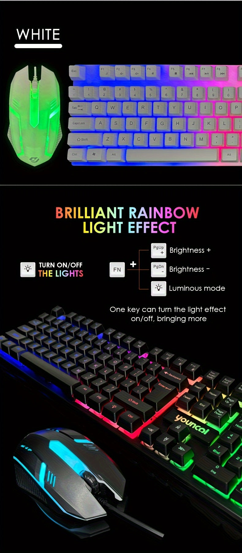 [Rainbow Backlit Gaming Set] Rainbow Backlit Wired Gaming Keyboard and Mouse Set | 19-Key Rollover, Adjustable Brightness, 2 Lighting Modes, Ergonomic Design, Hotkeys, Media Keys, USB Powered, No Battery, for Home Entertainme