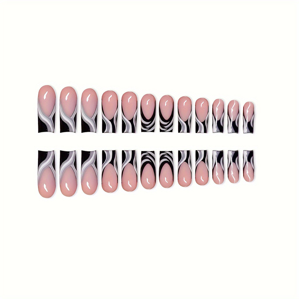 [Trendy Nail Designs] Box of 24 European & American Press-On Nails, Gorgeous & Cool Mixed Black, White & Gray, High-End Design, Medium Square Style, Suitable for & Women, Daily Wear, Gift with 1 Jelly Glue & 1 Nail File, Quic