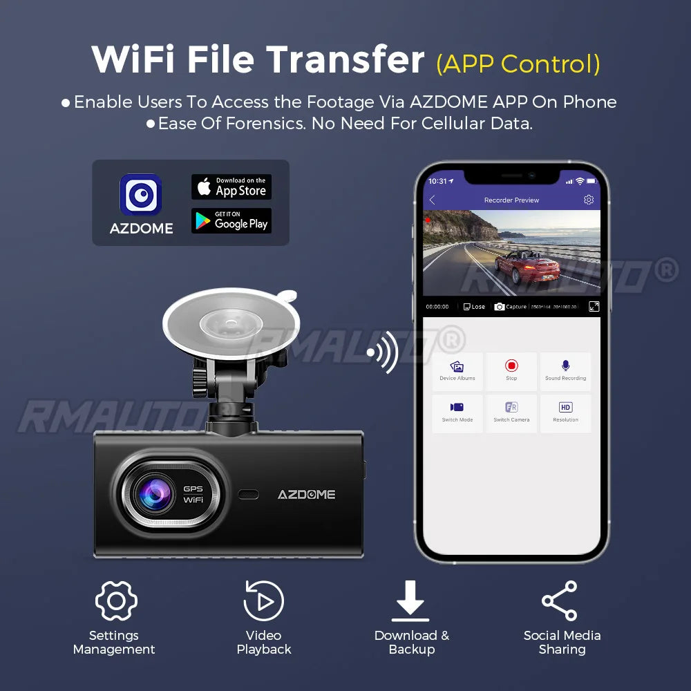 AZDOME M560 1080P 3 Channel 4 Inch Car DVR Dash Cam HD Wide-angle WIFI Mobile Phone Interconnection Parking Monitoring Driving T