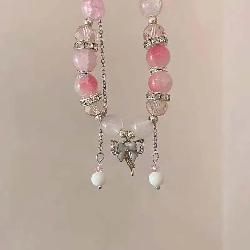 Korean Pink Butterfly Pendant Beaded Bracelet