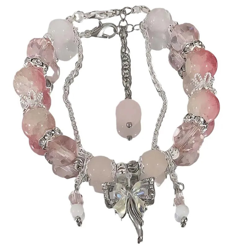 Korean Pink Butterfly Pendant Beaded Bracelet
