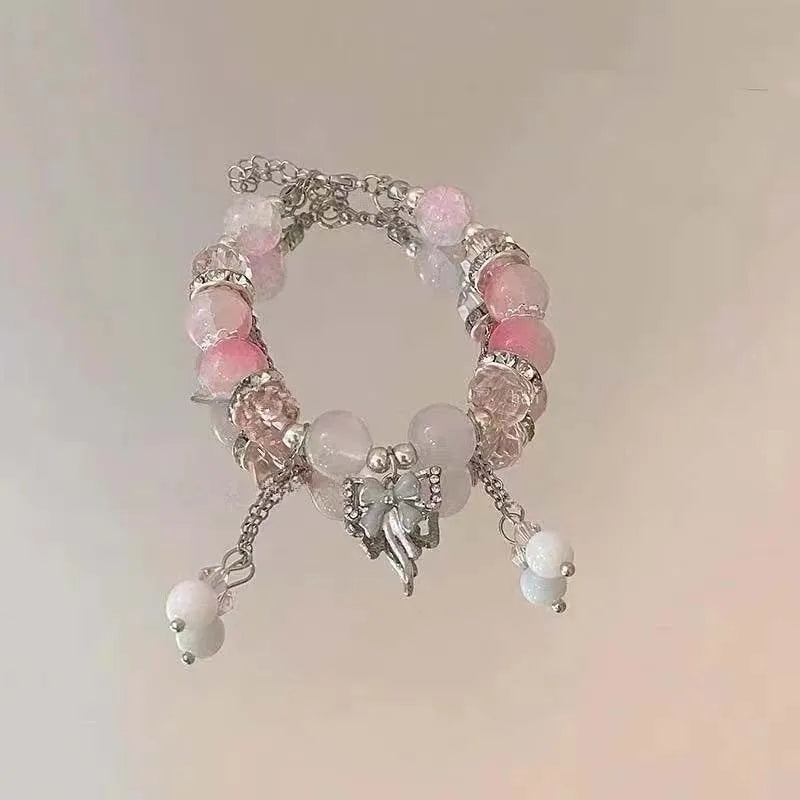 Korean Pink Butterfly Pendant Beaded Bracelet