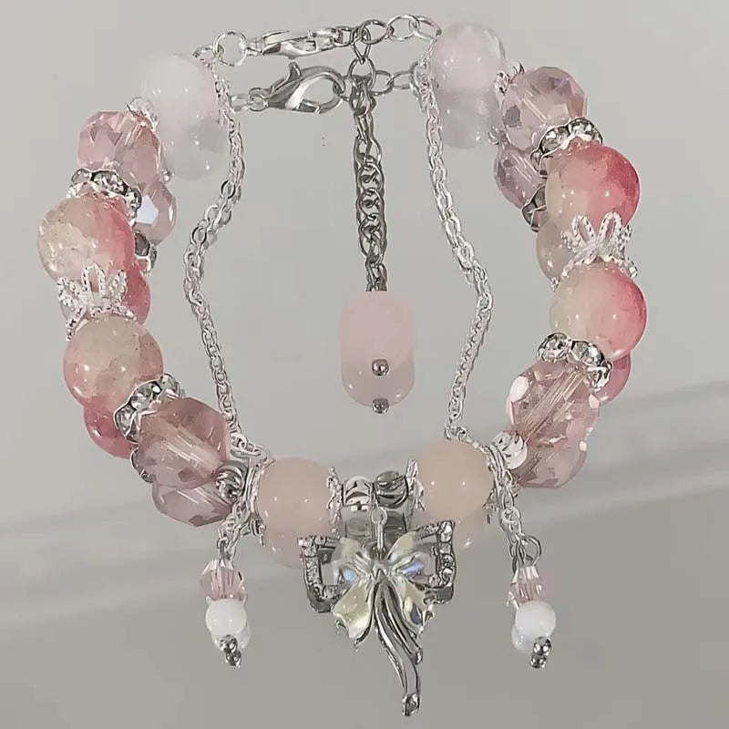 Korean Pink Butterfly Pendant Beaded Bracelet