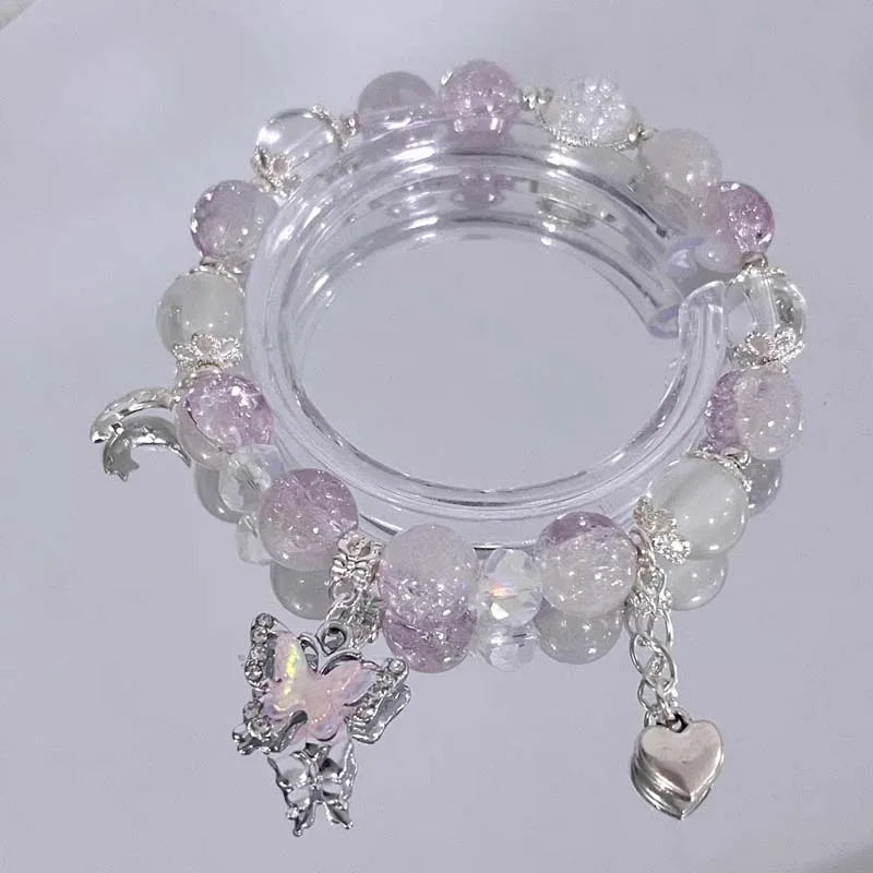 Korean Pink Butterfly Pendant Beaded Bracelet