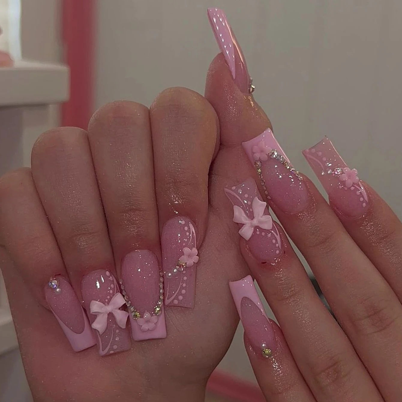 Pink Bow Press on nails