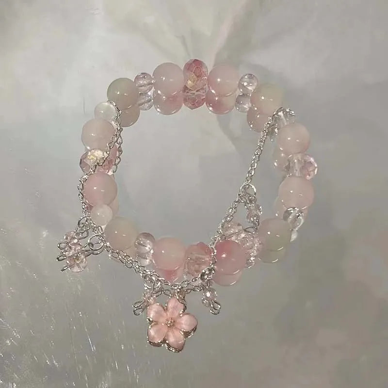 Korean Pink Butterfly Pendant Beaded Bracelet