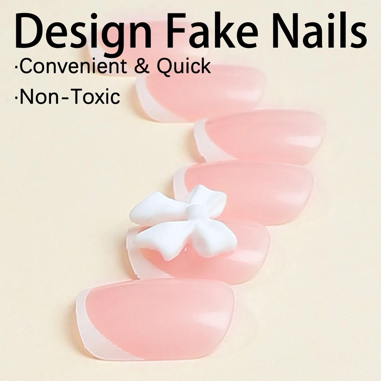 White French Press on Nails 3D Bowknot Fake Nails Tips Full Cover Wearable False Nails for Women and Girls DIY Manicure 24Pcs