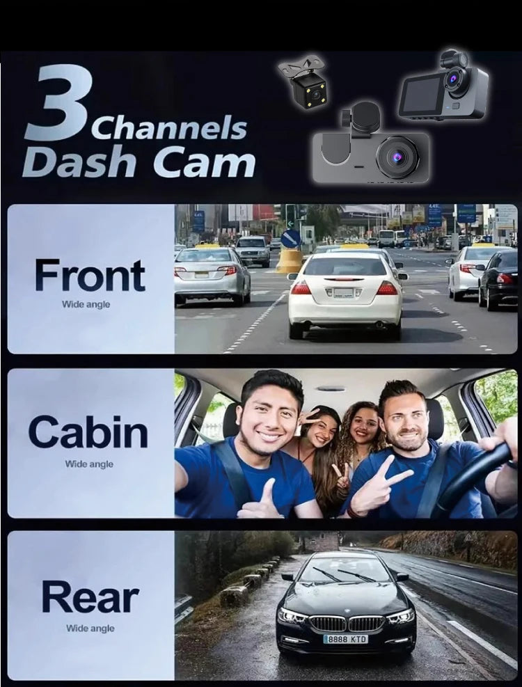 FHD 1080P 2Inch Car DVR Dash Cam 3 Lens Night Vision Rear View Camcorder Auto Camera Vehicle Accessories