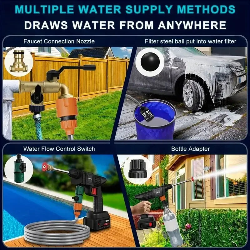 Portable Wireless High Pressure Car Washer Water Gun Strong Power Household Lithium Battery Rechargeable Washing Machine Tools