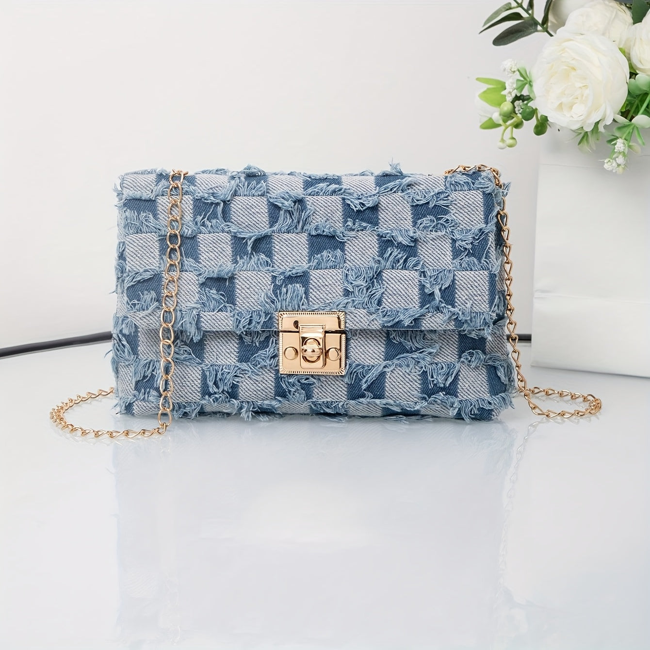 Blue Vintage-Inspired Denim Chains Crossbody Bag with Golden-Tone Hardware, Detachable Chain Strap & Tassel Accents - Elegant Canvas Purse for Everyday Casual or Street Style, Fashionable Accessory | Elegant Accessory | Decor