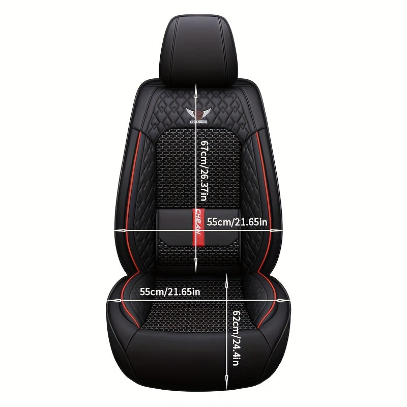 Premium 1pc Car Front Seat Cover PU Leather + Ice Slippy Fiber Fabric Full Coverage Summer Car Seat Protector