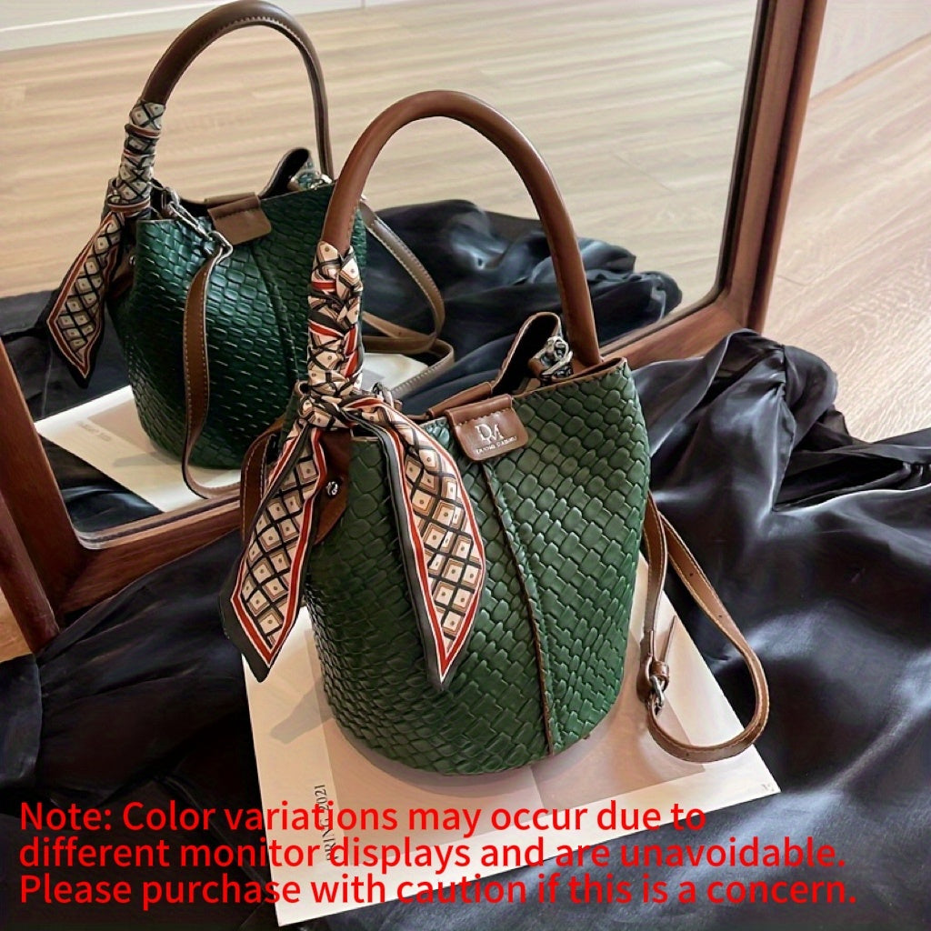 Stylish Women'S Bucket Bag - Elegant Solid Color Woven Shoulder and Crossbody Bag with Adjustable Detachable Strap, Large Capacity for Commuting, Multiple Colors Available, Commuter Handbag | Textured Finish | Polyester Lined