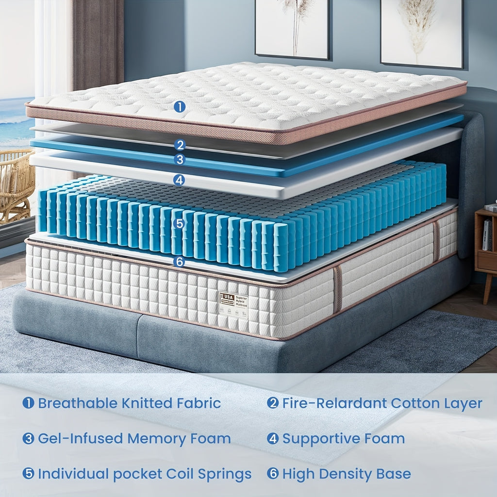 Queen King Hybrid Memory Foam Mattress 12 Inch & 14 Inch - Plush Hybrid Mattress In A Box Individual Pocket Springs For Motion Isolation, Great For Restful Nights, Suitable For Bedroom