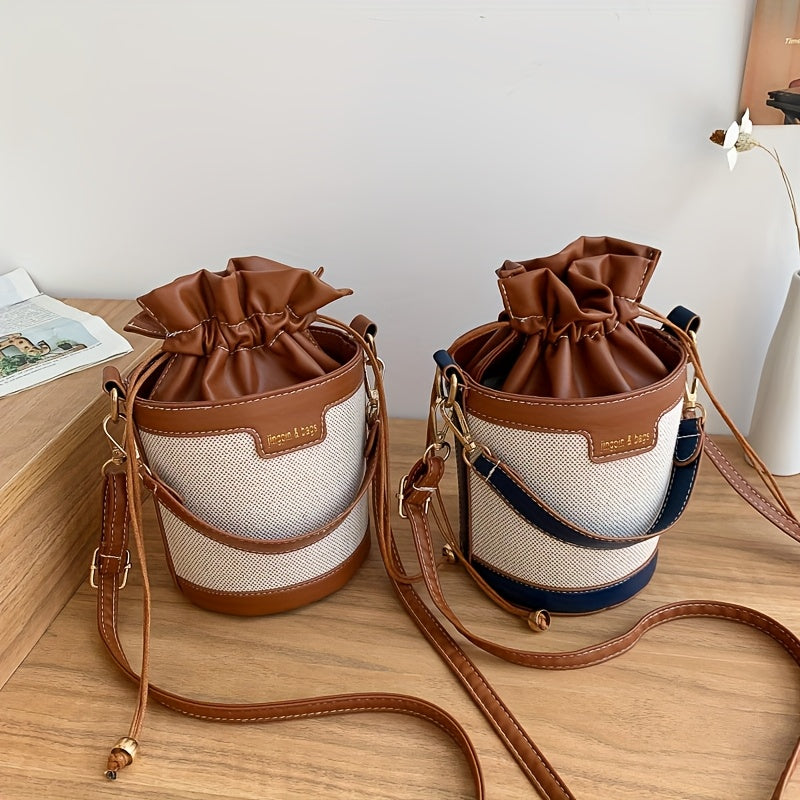 [Vintage Bucket Bag] Lightweight Vintage Style Shoulder Bucket Bag for Women | Messenger Bag with Adjustable Strap, Drawstring Closure, Polyester Lined, No Pattern - Crossbody Bag