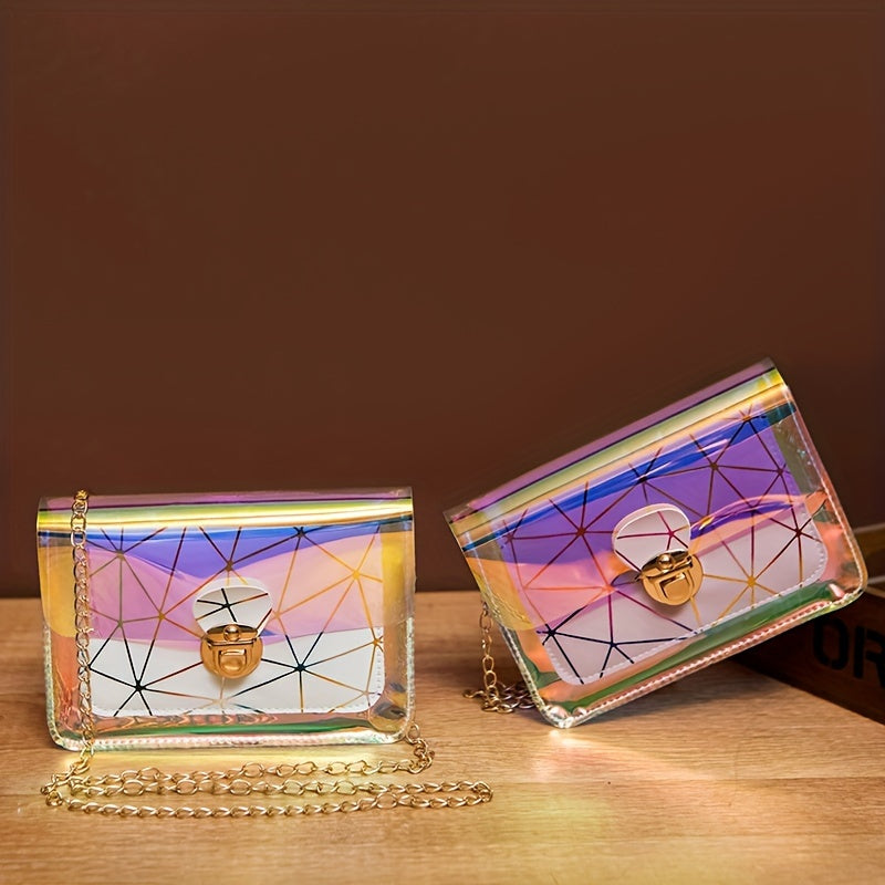 Chic Laser-Cut Transparent Crossbody Bag for Women - Fashionable Striped PVC Shoulder Purse with Chain Strap, Versatile & Colorful