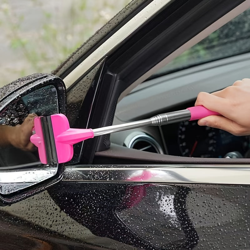Stainless Steel 2-in-1 Portable Retractable Wiper - Compact & Versatile for Car Rearview Mirrors, Windshields, Glass & Shower Cleaning, Pink Handle