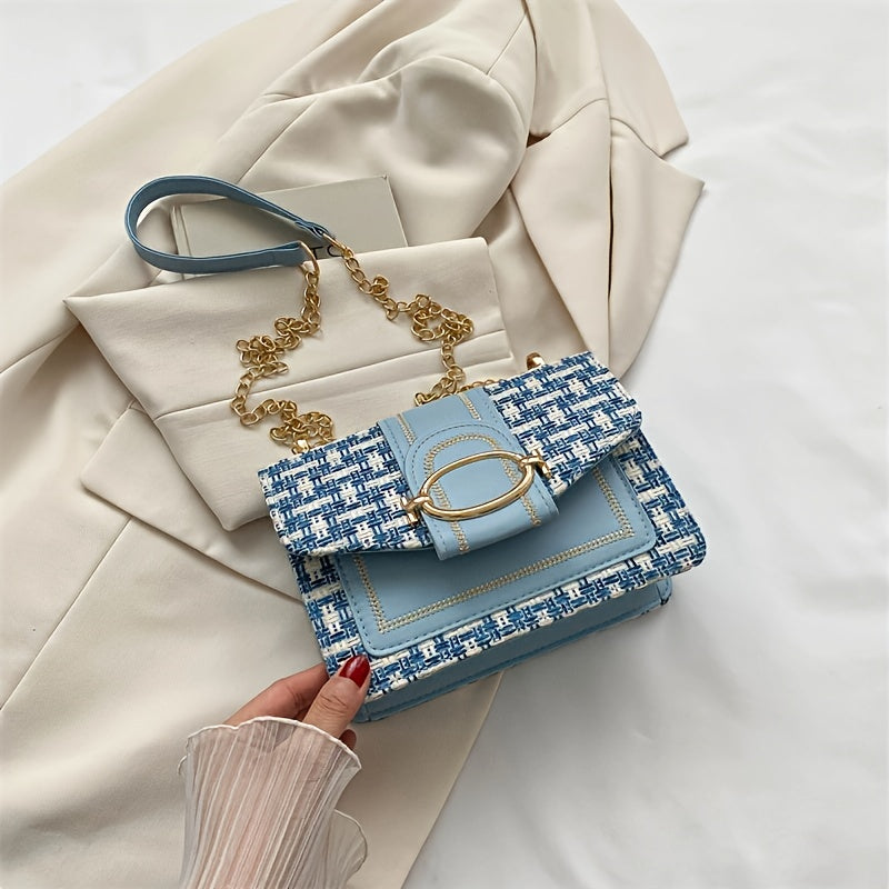 A Mini Checkered Tweed Bag with a Clasp Decoration, a Square Shoulder Bag, And a Chain Crossbody Flap Wallet, Perfect for Everyday Use.