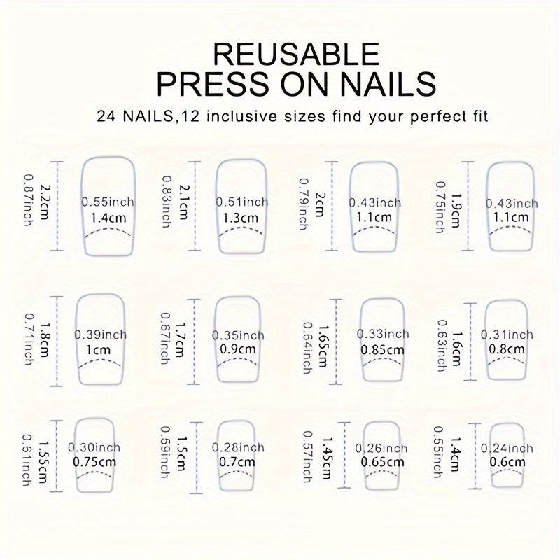 [Glossy Press-On Nails] 24pcs Square Medium-Length Press-On Nails | White & Pink Glossy Fake Nails with Cloud & Heart Designs - Includes Jelly Glue & Nail File for Daily & Holiday Wear
