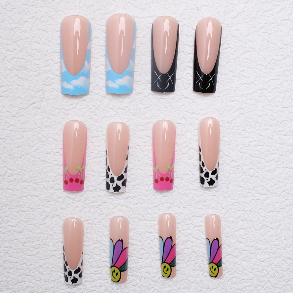 24pcs Set of Adult Wearable Nails, 2024 New High-End Sweet Cool Style with Playful Floral Graffiti Design, Detachable Nail Art for Women and s