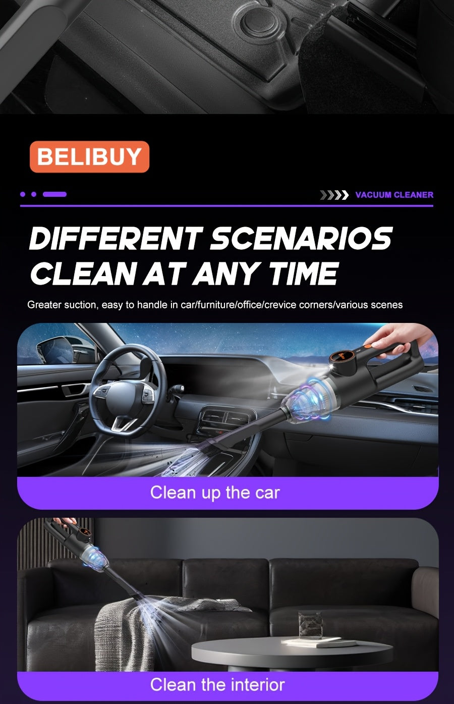 [Super Powerful Cordless Vacuum] BELIBUY 200W Super Powerful Cordless Handheld Vacuum Cleaner | 3KPa Suction, Portable Lightweight Design with Integrated Blower & Crevice Tool, Rechargeable Battery, USB Charging for Home & Ca