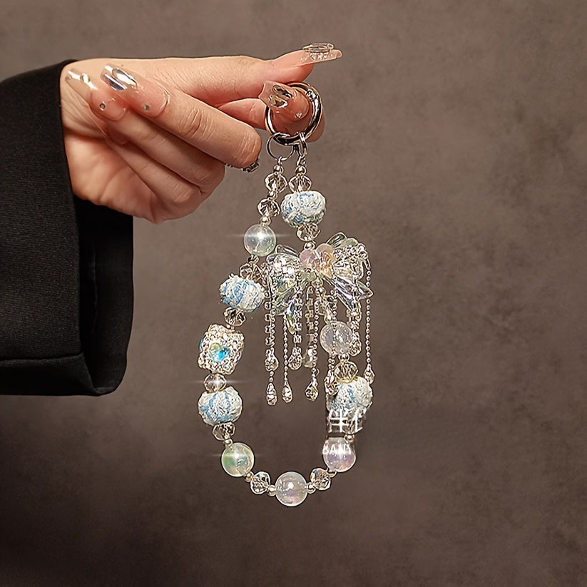 [Rhinestone Butterfly Wristlet Accessory] 1pc Luxury Rhinestone Butterfly Beaded Wristlet Phone Charm Strap, Versatile Accessory for Mobile Case, Car Keychain, and Bag Pendant