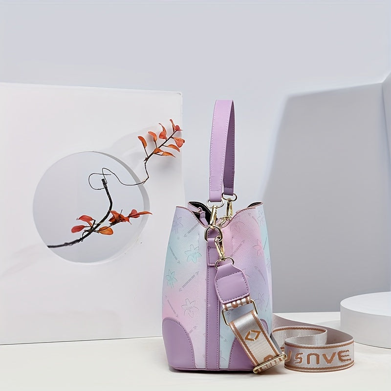 [Trendy Bucket Bag] Trendy Ombre Bucket Bag | Letter Print Handbag, Fashion Buckle Decor, Women's Every Day Purses