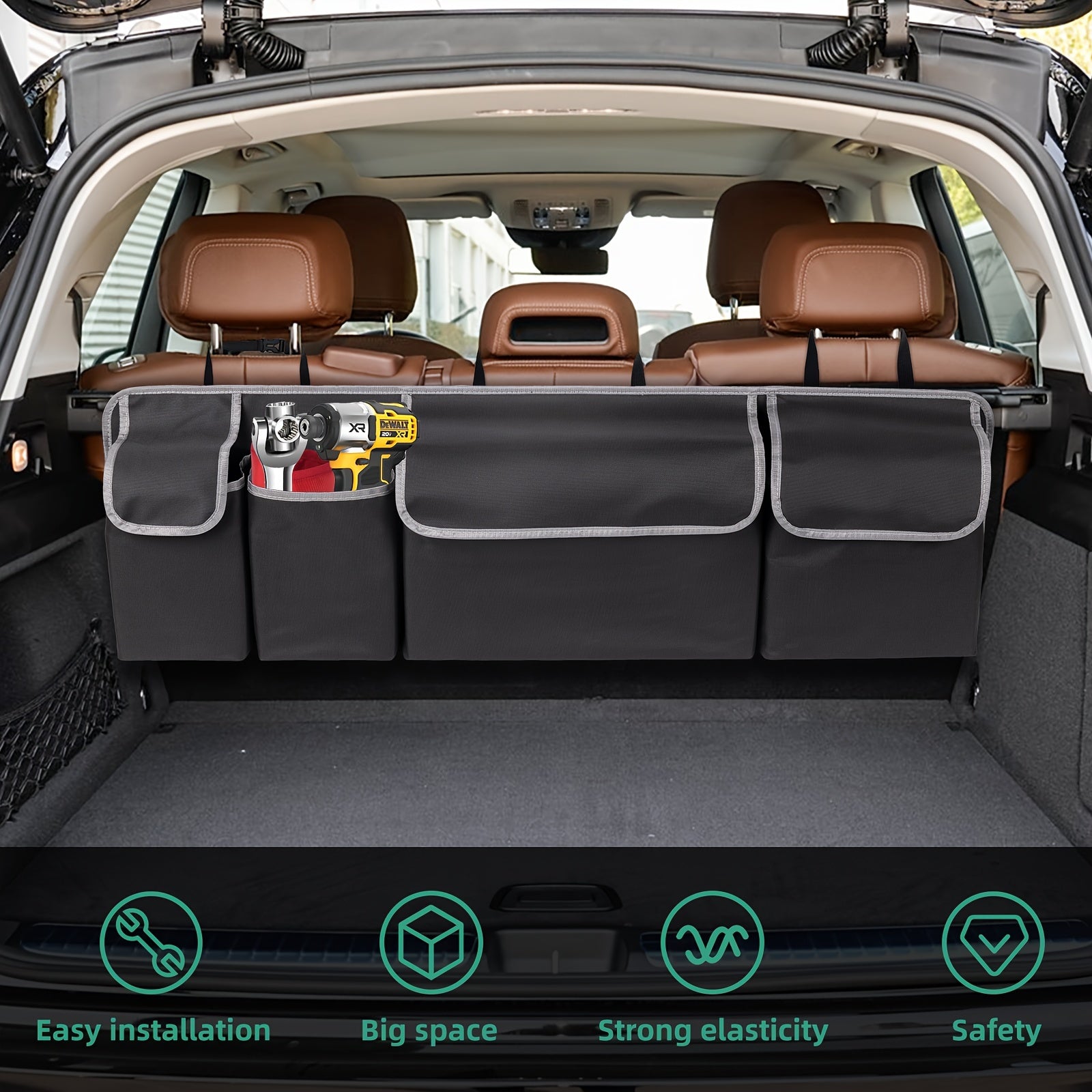 [Car Trunk Organizer] Heavy-Duty Car Trunk Organizer with 3 Adjustable Shoulder Straps & 4 Pockets - Large Storage Space for Off-Road Vehicles, Trucks, and MPVs - Durable Oxford Fabric, Secure Fit for Rear Seat Hanging, Vehic