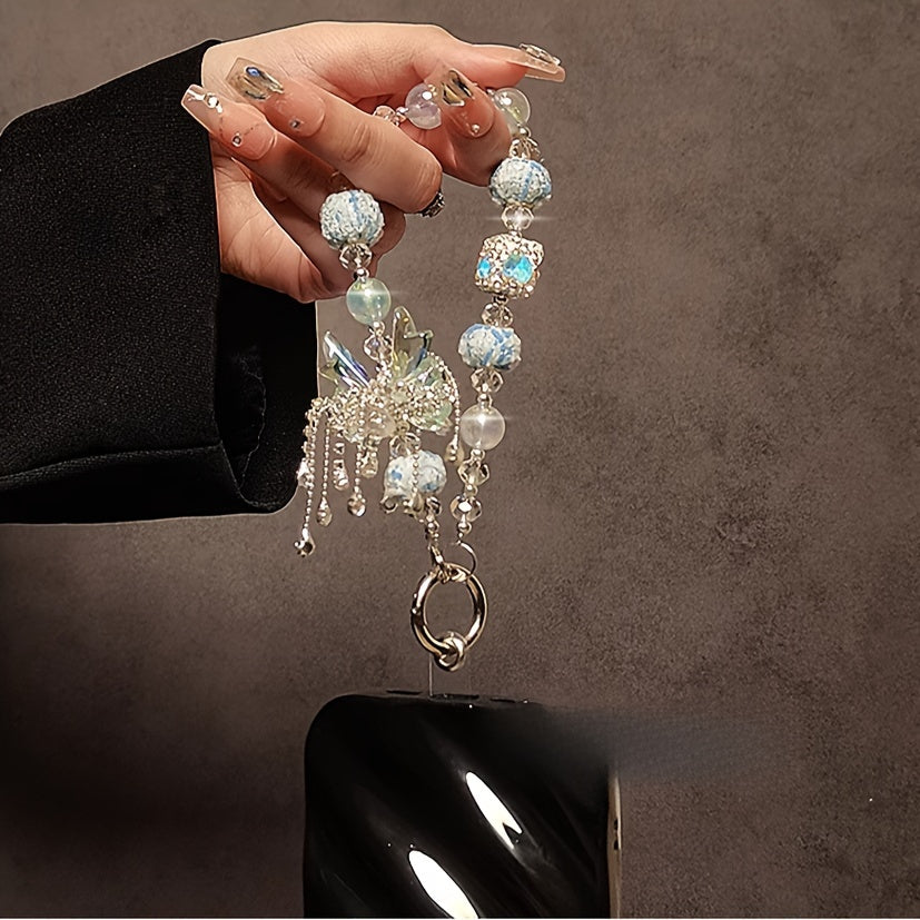[Rhinestone Butterfly Wristlet Accessory] 1pc Luxury Rhinestone Butterfly Beaded Wristlet Phone Charm Strap, Versatile Accessory for Mobile Case, Car Keychain, and Bag Pendant