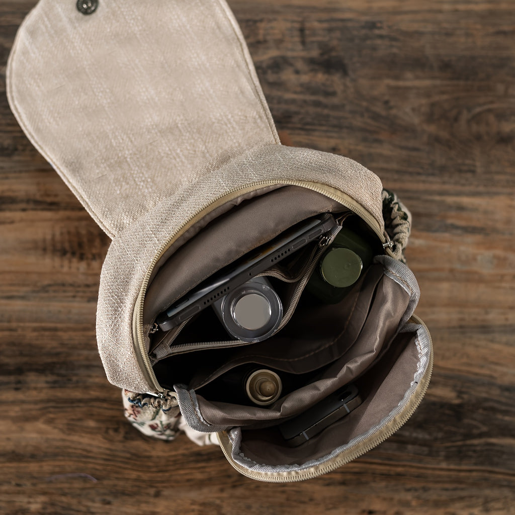 [Handcrafted Detail] Handcrafted Ethnic Style Women's Backpack with Purple Grape and Floral Embroidery, Versatile Dual-Carry Casual Travel Chest Bag, Fabric Material, Zip Closure, Polyester Lining - Ideal for Holidays and Eve