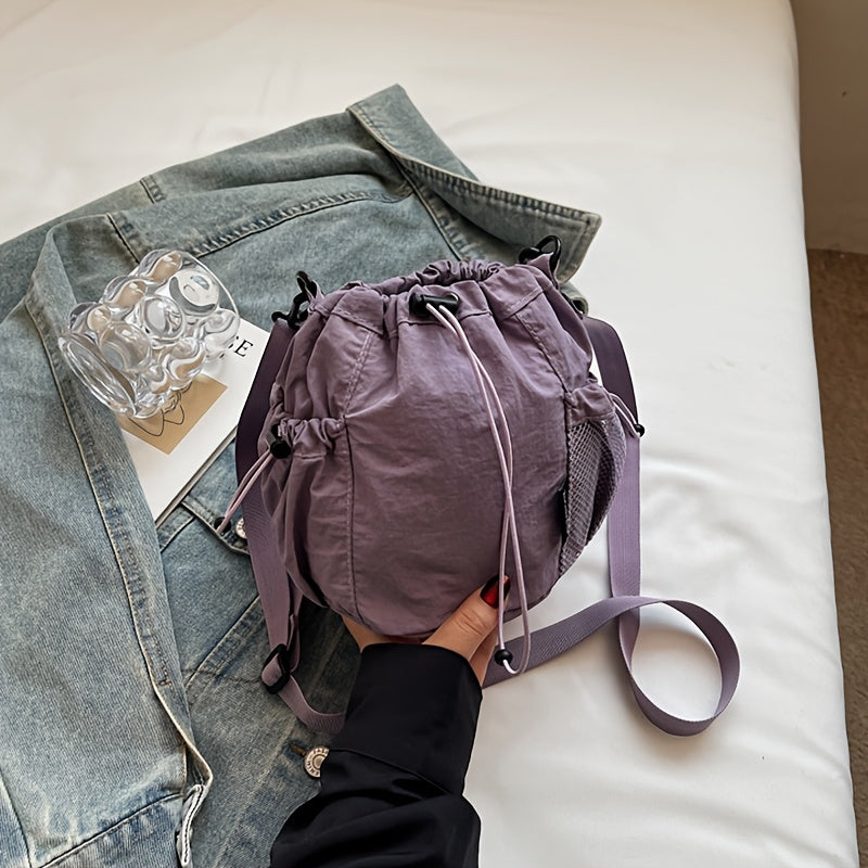 Women's Lightweight Crossbody Bag, Convertible Clutch Purse with Adjustable Strap, Drawstring Closure, Side Mesh Pocket, Compact Everyday Bag for Women, Travel, Work, Dates, Available in Purple, Black, Green, Blue, Khaki, Ide