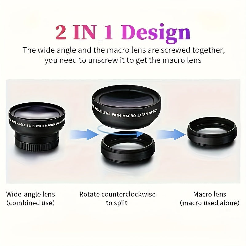 2-in-1 Smartphone Camera Lens Kit - ABS Wide Angle & Macro, PVC Material, Compatible with Most Smartphones, Includes 2 Lens Attachments for Enhanced Photography Experience, Smartphone Camera Lens Kit|Wide Angle Lens| Macro Le