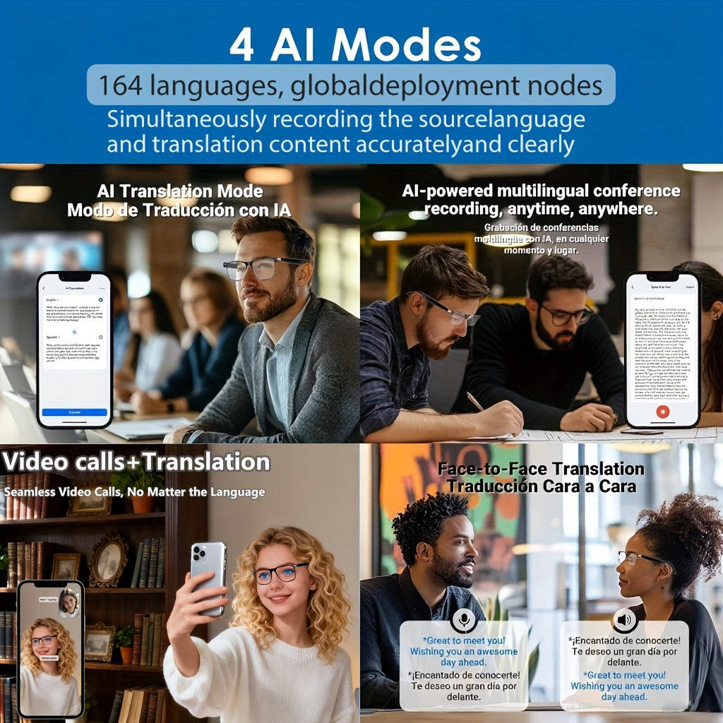 AI Smart Glasses with 160-Language Real-Time Translation & Chat GPT System, Built-in Microphone/Speaker, HD Voice Calls & HIFI Music, Physical Color-Changing Lens, Wireless, High Quality, Magnetic Charging, Long-Lasting Batte