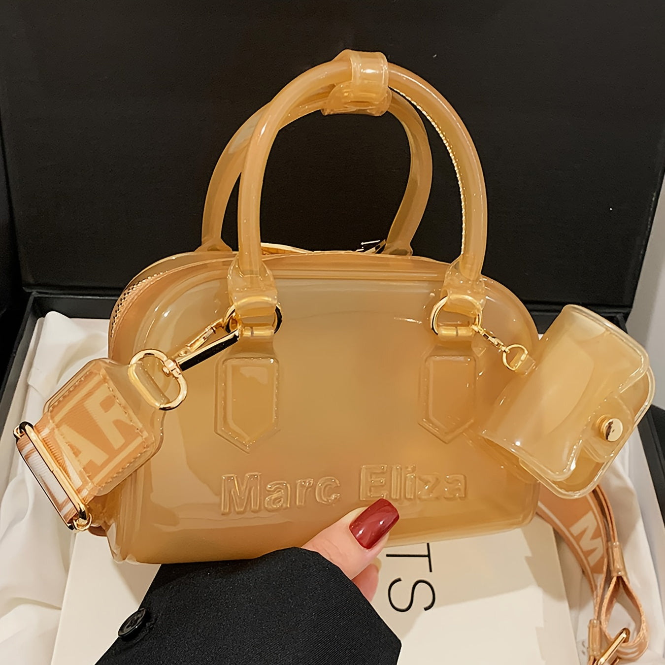 [Golden-Tone Hardware Purse] Clear PVC Handbag - Women's Convertible Crossbody/Shoulder Bag with Golden-Tone Hardware | Lightweight Purse for Everyday, Parties, Formal Events | Easy-Clean & Durable Design in Black, Bright Col