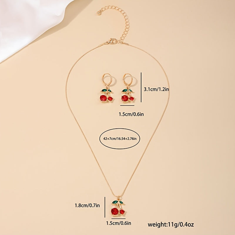 [Birthday Gift, Holiday Gift] 1 Set of New Sweet And Cute Style Red Cherry Pendant Necklace And Earrings Set, Suitable for Daily Wear And Vacation, Birthday Gift, Holiday Gift, The Best Gift for Girlfriend And