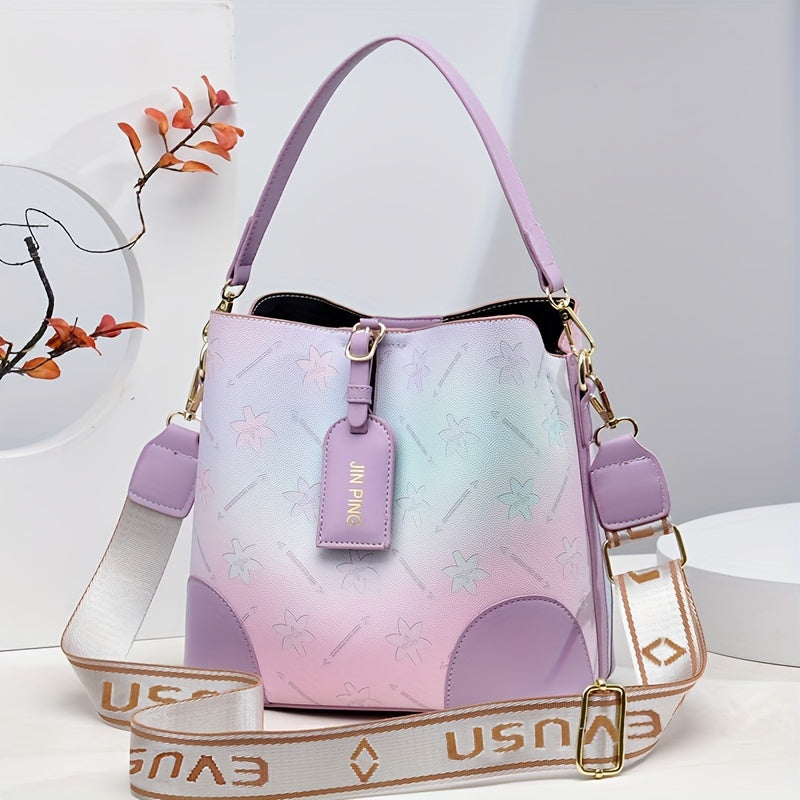 [Trendy Bucket Bag] Trendy Ombre Bucket Bag | Letter Print Handbag, Fashion Buckle Decor, Women's Every Day Purses
