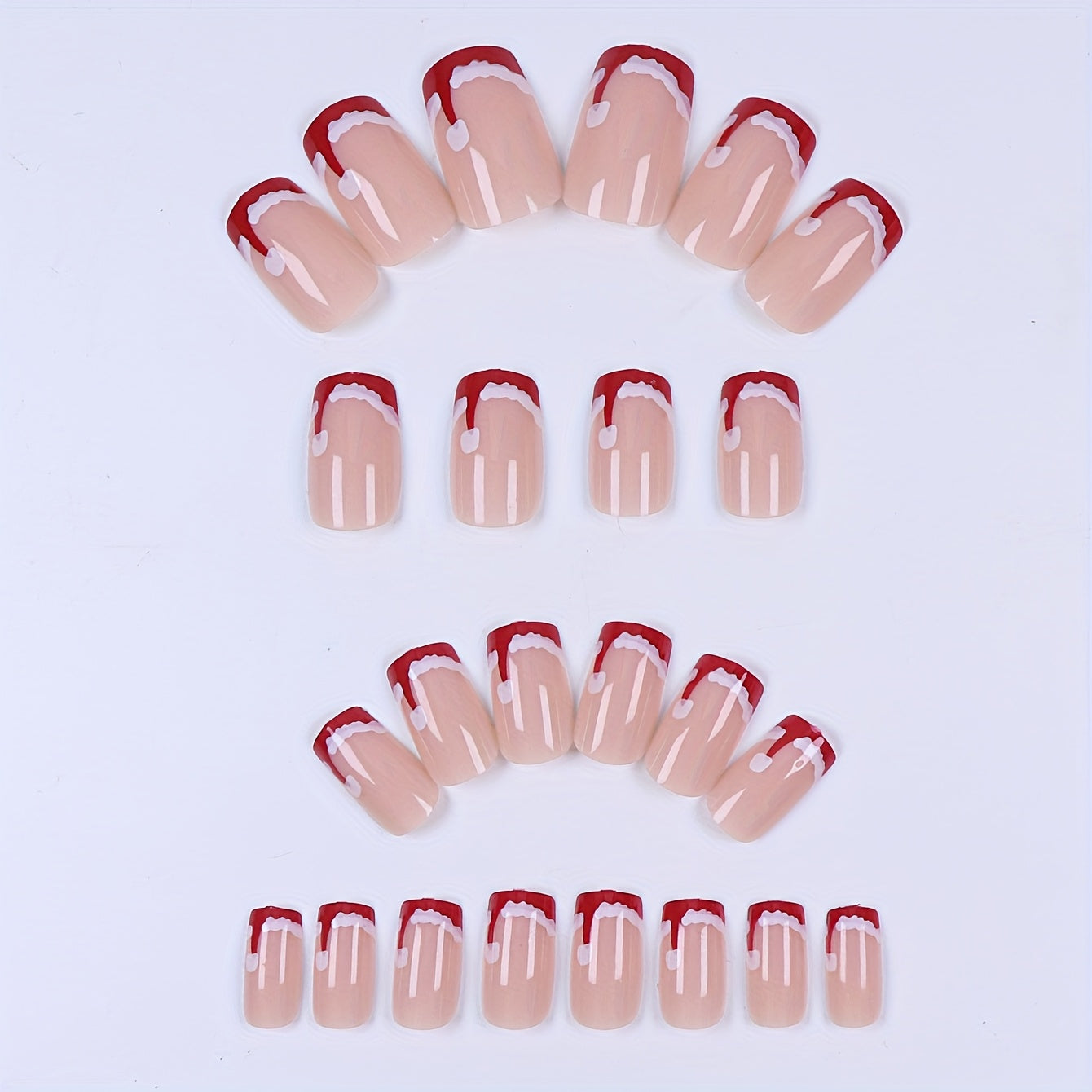 Christmas Nails Featuring 24 Fake Nails with a Red French Christmas Hat Design Adorned with a White Dot, Perfect for And Women. Ideal for Holiday Parties, Gifts, And Everyday Wear, These Are Pressed Onto Acrylic Nails for a F