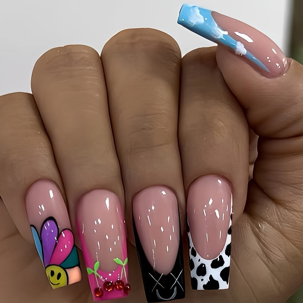 24pcs Set of Adult Wearable Nails, 2024 New High-End Sweet Cool Style with Playful Floral Graffiti Design, Detachable Nail Art for Women and s