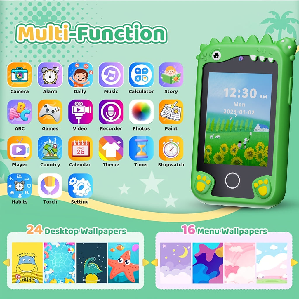 [Birthday/Christmas Gift] Kids Smart Phone with Touchscreen & Dual - Educational Learning Tablet, Compatible with 8GB SD Card, Charging, Parental Control - Birthday/Christmas Gift for Boys & Girls Ages 3-10 - Green Dinosaur D