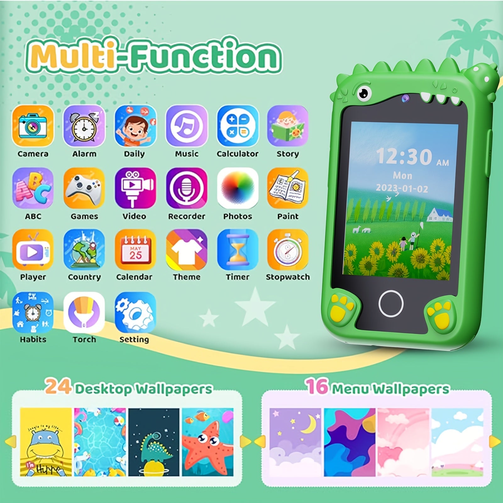 [Birthday/Christmas Gift] Kids Smart Phone with Touchscreen & Dual - Educational Learning Tablet, Compatible with 8GB SD Card, Charging, Parental Control - Birthday/Christmas Gift for Boys & Girls Ages 3-10 - Green Dinosaur D