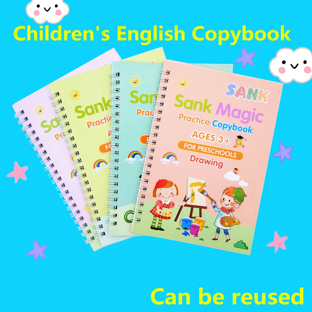 Book Set of 4 Books + 5 Refills + 1 Pen Holder: Groove Practice Magic Stickers, Calligraphy Practice Word Stickers, Writing Book, Enlightenment, Beginner Repetitive Writing, Handwriting Disappears