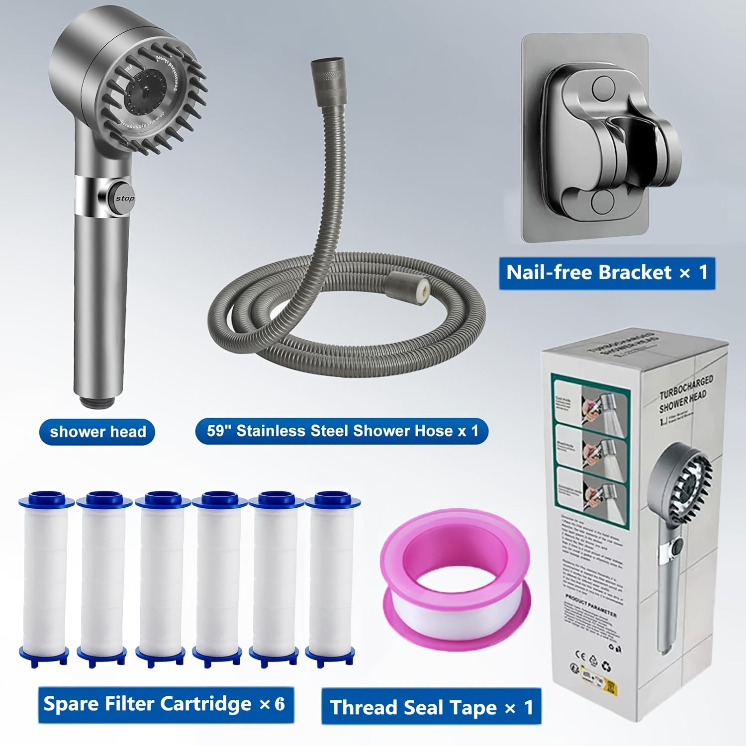 10pcs High-pressure Shower Nozzle Set, With Turbine Spray, Wall Mounted, 3-stage Adjustable Spray Mode, With 6 Dirt Removal Water Filters, Comfortable Skin, Bathroom Shower Accessories, Shower Nozzle And 60 Inch Hose Set