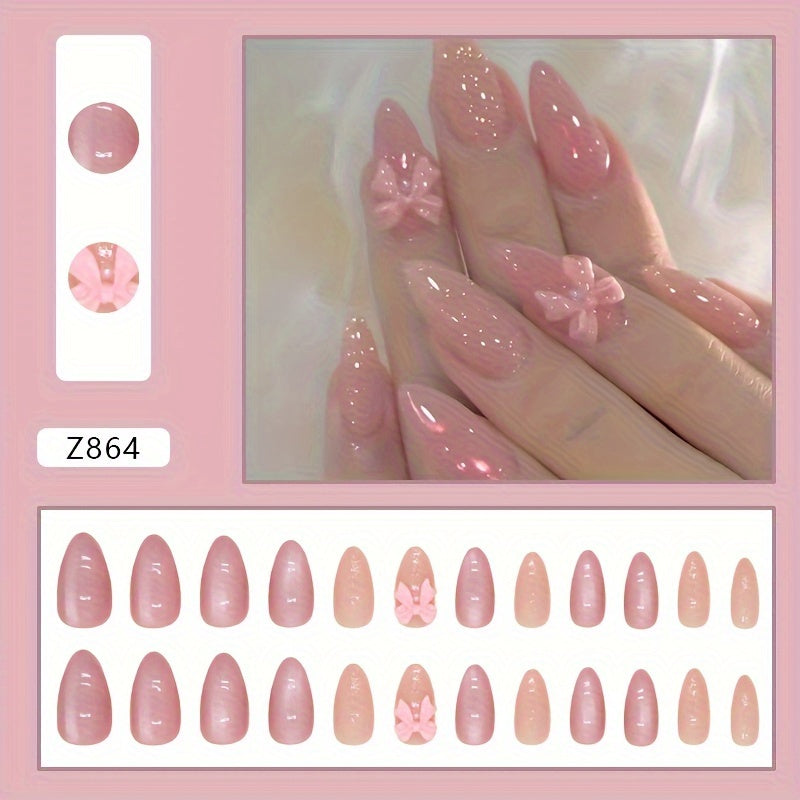 Almond Shape Short Press-On Nails with Glossy Pink Bow Design - Reusable Fake Nails for Women, Easy Apply & Remove, Elegant Everyday & Special Occasion Nail Art