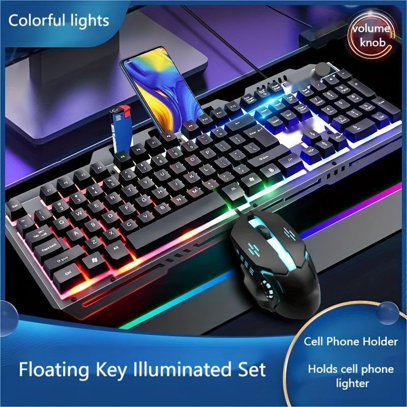 Ergonomic Gaming Keyboard - Wired, Faux Mechanical Feel, LED Color Backlight, USB Connection, 104 Keys Full Metal Panel, Multimedia Knob And Laptop Phone Holder Gift for Your Family Boyfriend
