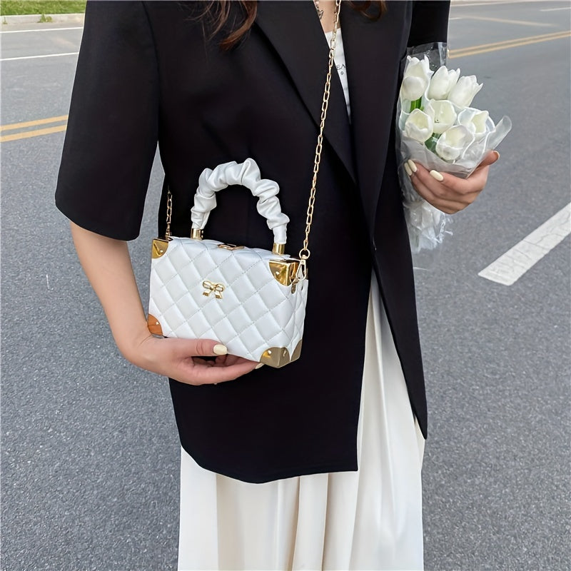 Elegant Quilted Diamond Pattern Mini Box Bag with Bow Accent - Women's Ruched Handle & Chain Strap   in Orange, Pink, White, Green, Black | Faux Synthetic Leather, Faux Fur Lined, Ladies Handbags