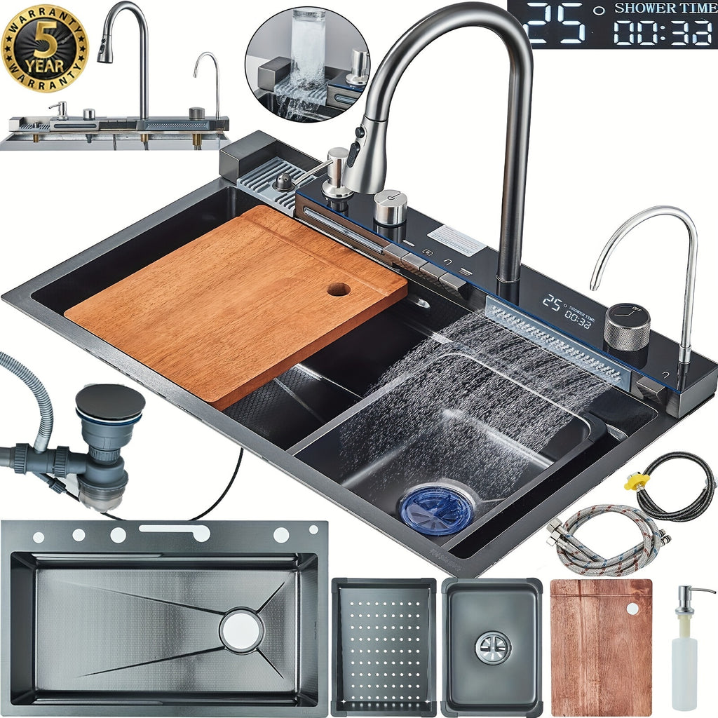 Digital Display Waterfall Sink, Single Bowl Kitchen Sinks, Stainless Steel Bar Sink With Pull Down Sprayhead Faucet, Smart Modern Kitchen Sink, Full Set Of Accessories, Gun Gray & Brushed Golden, 1 Set