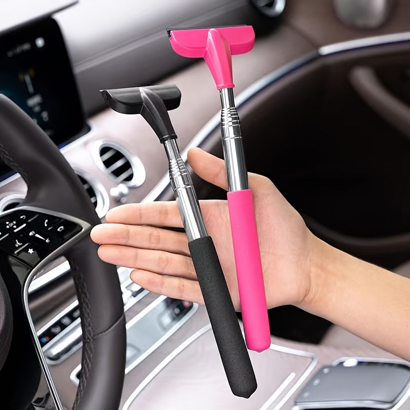 Stainless Steel 2-in-1 Portable Retractable Wiper - Compact & Versatile for Car Rearview Mirrors, Windshields, Glass & Shower Cleaning, Pink Handle