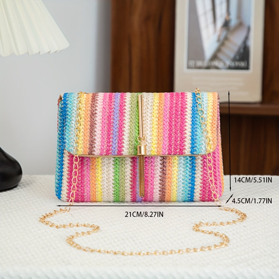 Women's Woven Geometric Pattern Shoulder Bag with Tassel Accents - Detachable Golden Chain Strap & Magnetic Closure, Multicolor Synthetic Material for Urban Chic Style, Novelty Purse, Versatile Fashion Accessory, Polyester Ha