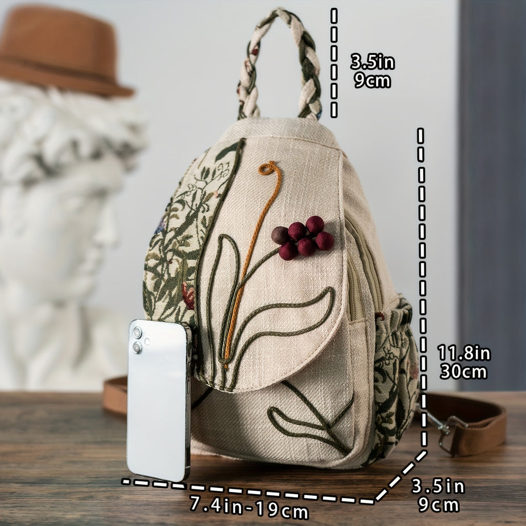[Handcrafted Detail] Handcrafted Ethnic Style Women's Backpack with Purple Grape and Floral Embroidery, Versatile Dual-Carry Casual Travel Chest Bag, Fabric Material, Zip Closure, Polyester Lining - Ideal for Holidays and Eve