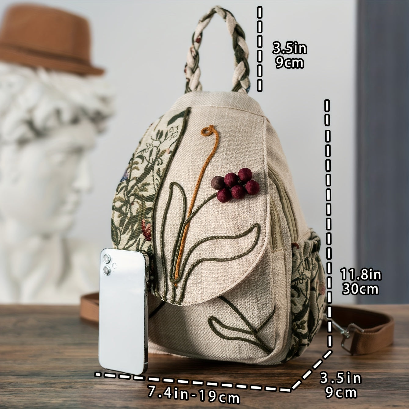 [Handcrafted Detail] Handcrafted Ethnic Style Women's Backpack with Purple Grape and Floral Embroidery, Versatile Dual-Carry Casual Travel Chest Bag, Fabric Material, Zip Closure, Polyester Lining - Ideal for Holidays and Eve