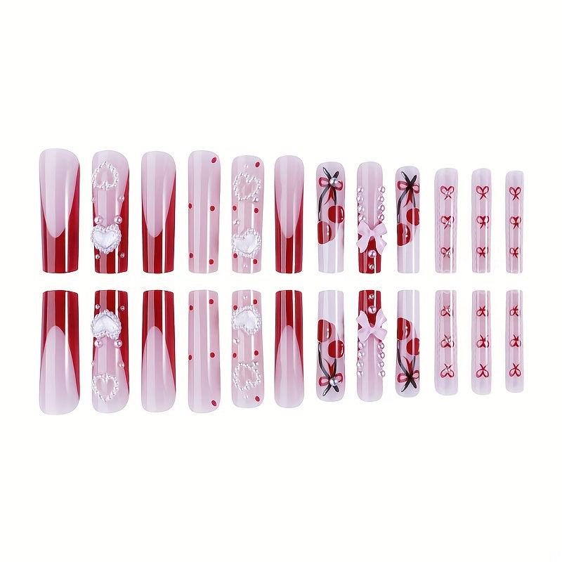 Cross border European and American style, sweet and cool, spicy style, wearing armor, heart-shaped bow, cherry painting, French nail art patch nail